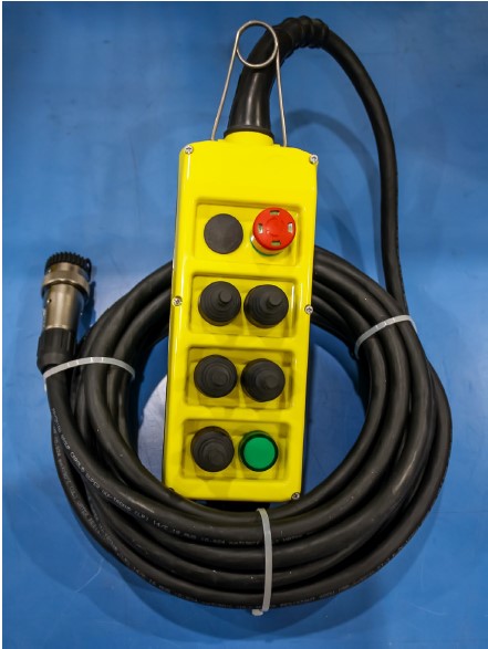 Custom 8 Position Pendant Station | PLB08K | 18/14 SOOW | 32' | 5 Joysticks, 1 E-Stop, 1 Green LED, Amphenol Connector
